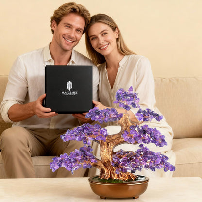 MASGEMES Amethyst Crystal Tree of Life – Handmade Gemstone Bonsai Tree with Natural Stones(360 Large Beads), Chakra Healing for Positive Energy, Home & Office Feng Shui 8"