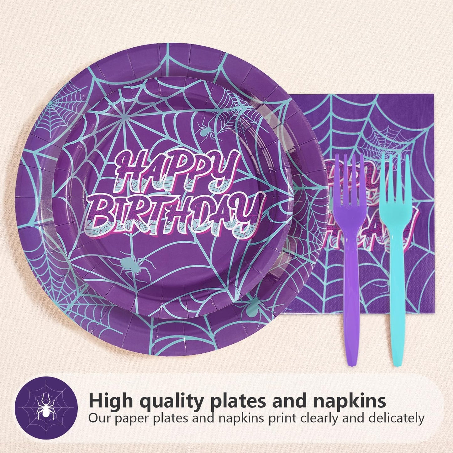 Greencian 96Pcs Spider 5th Birthday Party Supplies Purple Spiderweb Party Plates and Napkins Disposable Ghost Cartoon Tableware Set for Kids Birthday Halloween Hero Theme Decorations, Serves 24