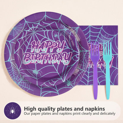 Greencian 96Pcs Spider 5th Birthday Party Supplies Purple Spiderweb Party Plates and Napkins Disposable Ghost Cartoon Tableware Set for Kids Birthday Halloween Hero Theme Decorations, Serves 24