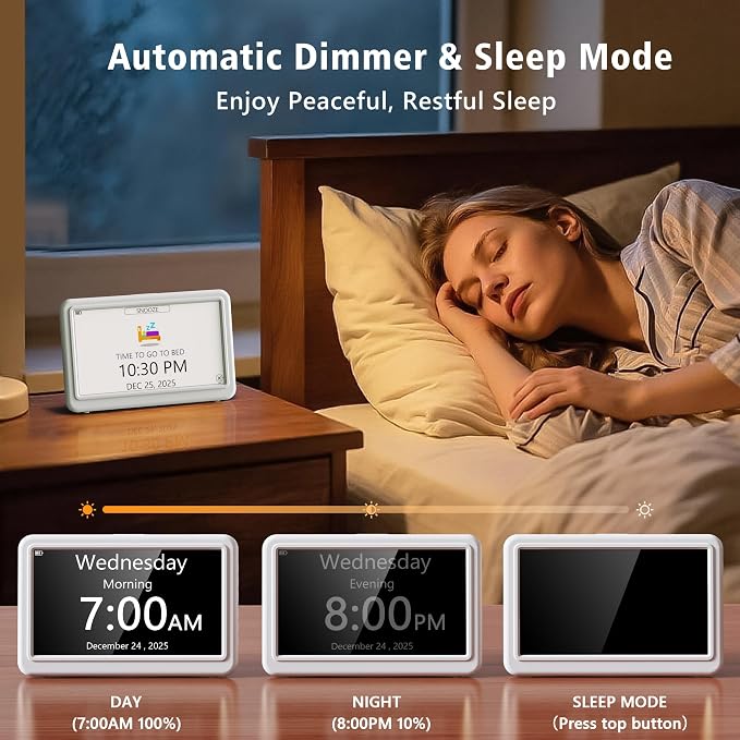 PPLEE Digital Clock Large Display – Dementia Clocks for Seniors, 7-Inch HD Display, Multiple Alarms with Repeat, Adjustable Brightness, Calendar & Custom Themes, Ideal for Elderly and Caregivers