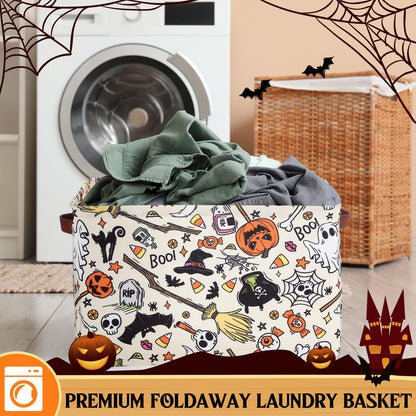 Seeloowy Halloween Ghost Basket with Handles Boo Pumpkin Bat Horror Storage Bin White Spooky Large Foldable Toy Laundry Storage for Halloween Room Car Decoration Bucket Laundry Box