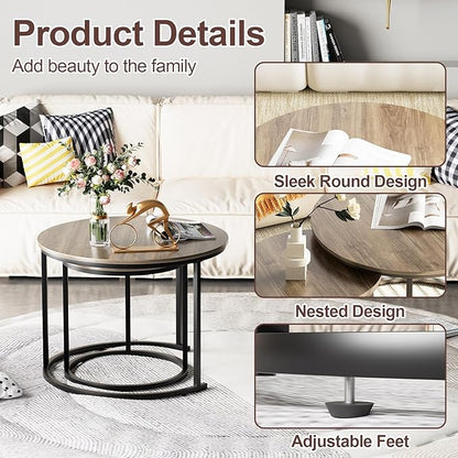 Garden 4 you Nesting Coffee Table, 23.6" Round Coffee Table Set of 2, Wooden Nesting Table Set with Metal Frame, Side Tables for Living Room Bedroom Balcony, Brown