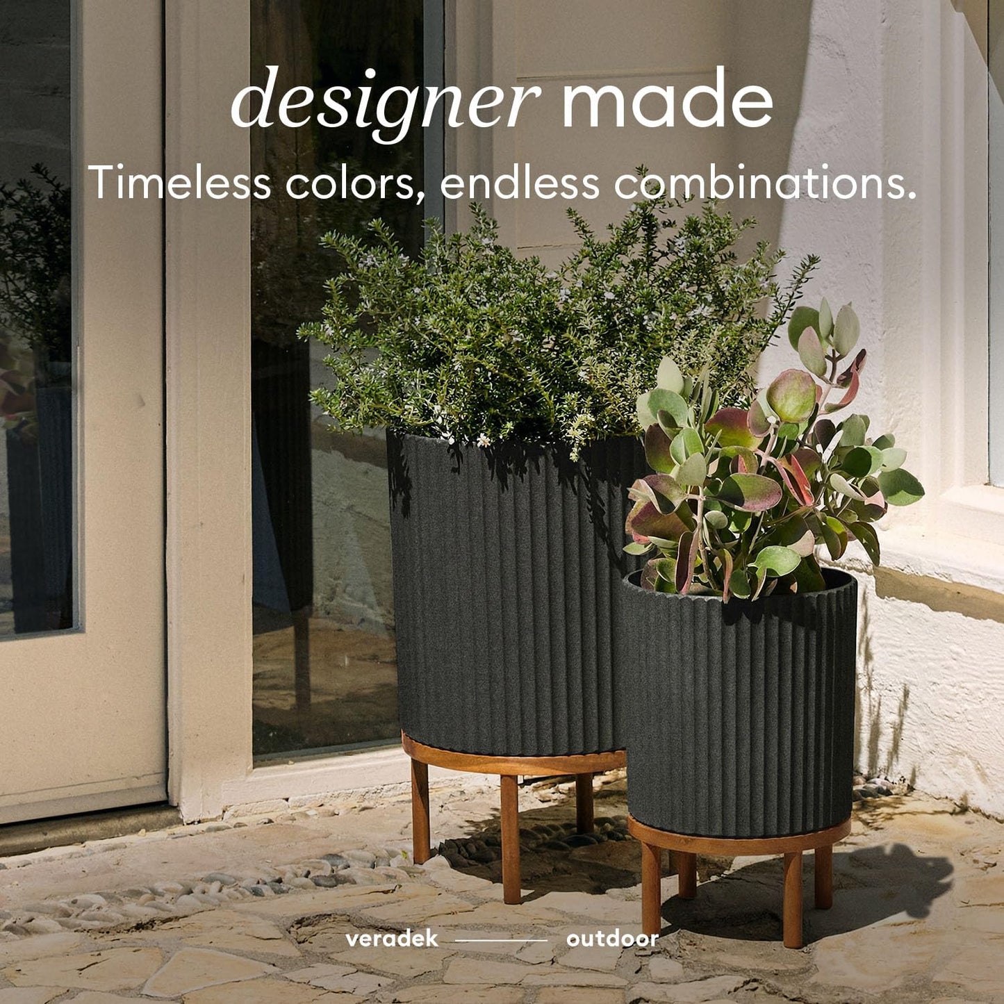 Veradek Demi Series Round Planter w/Stand for Porch/Patio | Durable Plastic-Stone Composite & Wooden Stand | Modern Décor for Tall Plants, Flowers