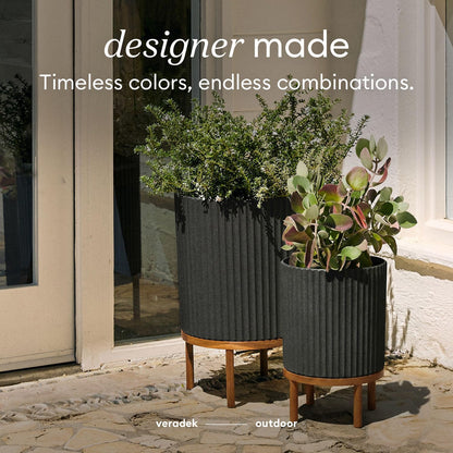 Veradek Demi Series Round Planter w/Stand for Porch/Patio | Durable Plastic-Stone Composite & Wooden Stand | Modern Décor for Tall Plants, Flowers