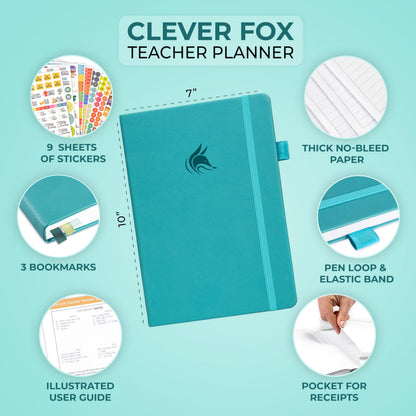 Clever Fox Teacher Planner – School Year Planner with Calendars & Lesson Plans – Teacher Plan Book for Classroom & Homeschool Organization - Undated, 7x10″, Hardcover (Turquoise)
