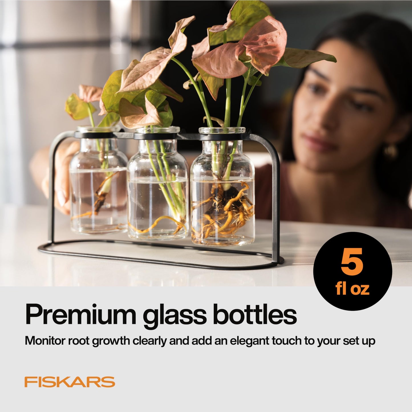 Fiskars Plant Propagation Station, Glass Test Tube Vases for Rooting Cuttings w/Metal Rack & Storage Drawer, Hydroponic System for Indoor Gardening Decor, Straight Sided Flutes for Easy Root Removal