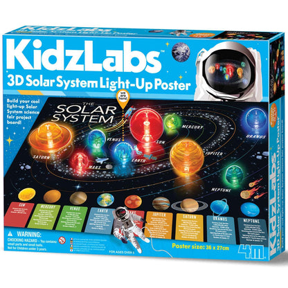 4M KidzLabs 3D Solar System Light-Up Poster for Kids Ages 5-12 – Glow in the Dark Space Science Fair Project Kit with Sun & 8 Planets, STEM Educational Toy, Battery Powered Illuminated Display Board