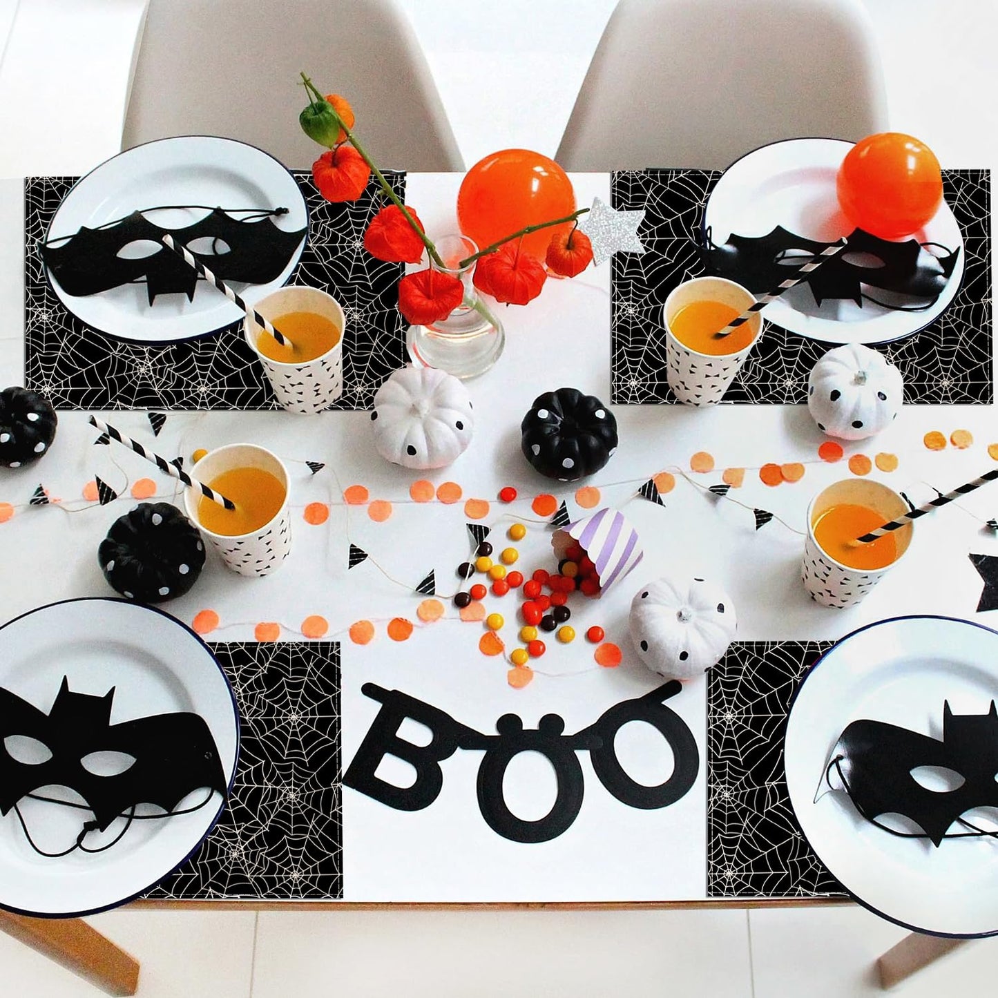 Halloween Placemats 18x12inch Spider Web Placemats Set of 8 for Table,Black Hallowmas Trick or Treats Events Linen Halloween Table Mats for Party Kitchen Dining Table Decor