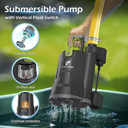 Sump Pump, 3/4HP 3000GPH Submersible Water Pump, Utility Pump with Vertical Float Switch for Swimming Pool Garden Pond Basement Draining, with 16.4Ft Cord, Adapters, Check Valve and Rop