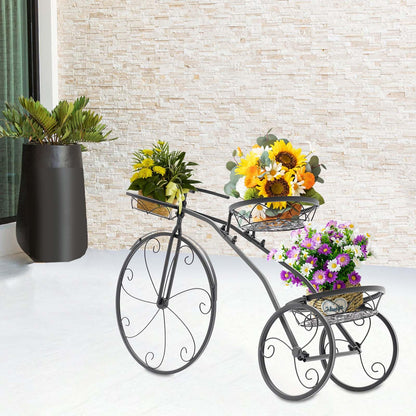 QQDETRR Bicycle Plant Stand, Large Metal Tricycle Planter for Indoor/Outdoor, 3-Tier Flower Holder for Garden, Home, Black