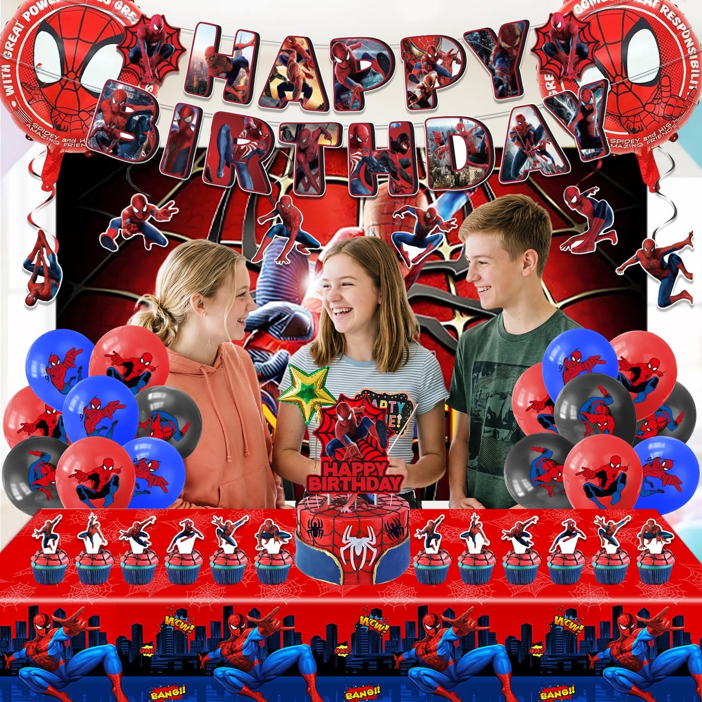 Spider Birthday Decorations, Party Supplies Set Include Banner, Backdrop, Balloons, Hanging Swirls, Cake Cupcake Toppers, Tablecloth for Boys Girls Spider Theme Party