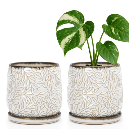 D'vine Dev 5 Inch Embossed Leaves Stoneware Planter Pot with Drainage Hole and Saucer, Smoked White, Set of 2, 27-F-V-1