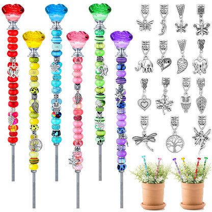 Lineshading 6 Sets Beaded Garden Stakes Kit, Rose Garden Stakes Accessories with Beads, Crystal Rose Stopper Top, (Classic Color)