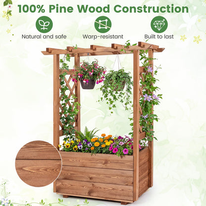 Giantex Raised Garden Bed with Sided Trellis & Roof Set 2, 31”x16”x41” Wood Elevated Planter Box, Freestanding Garden Planter Raised Bed for Flowers Herbs Climbing Vines,Brown