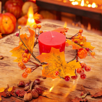 5Pcs Fall Mini Wreath 4.7 Inch/12cm Taper Candle Rings Artificial Pumpkin Maple Leaf Holder with Berries Christmas Autumn Harvest Wreaths for Pillar Halloween Thanksgiving Wedding Table Home Decor