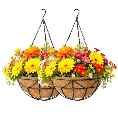 ZVOWOS 2 Pack 12 Inch Black Metal Hanging Basket Hanging Planter with Coco Coir Liner Heavy Duty Hanging Flower Pot Holder for Indoor Outdoor Patio Garden Porch Balcony Decor (Geometric)