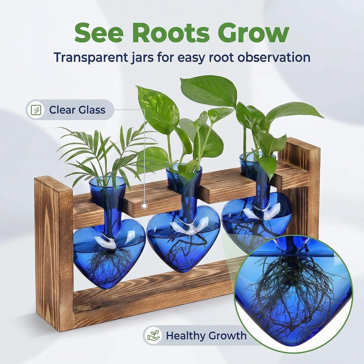 Plant Propagation Station 3Pcs Heart Vase with Wooden Stand Tabletop for Hydroponics Indoor Home Table Decor for Her Plant Lovers Women Mom Wife Daughter (Blue)