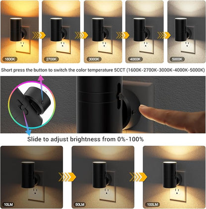 JandCase LED Night Light, Night Lights Plug into Wall with Dusk to Dawn Sensor, 5 Color Temperatures, Rotating Plug, Dimmable Nightlights, Adjustable Brightness for Bedroom Bathroom Hallway, 2 Pack