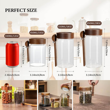 MOLADRI 15 oz/450 ml Glass Storage Canister with Airtight Wooden Lid, Clear Small Decorative Container Jar with Spoon for Salad Overnight Oats Snacks Yogurt Cereal Fruit Spice Sugar Coffee Candy Salt
