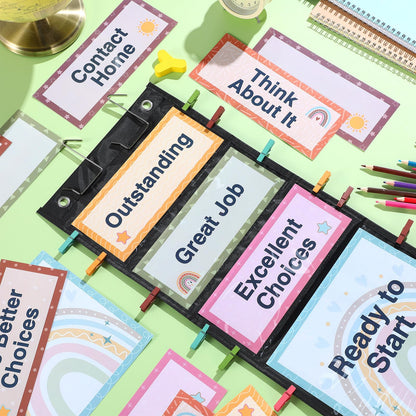 Pasimy 59 Pcs Student Behavior Clip Chart for Classroom Management Kids Track Reward Incentive Behavior Pocket Chart Boho Bulletin Board Teacher Supplies for School Office (Modern Boho)