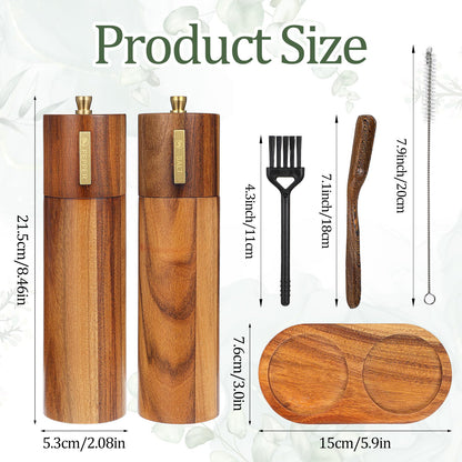 2 Pack Wooden Salt and Pepper Grinder Set,8.46 inch Adjustable Coarseness Manual Salt and Pepper Mill with Brush and Spoon,Acacia Wood Refillable Grinders for Kitchen Christmas Home Gift