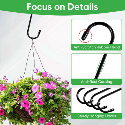 HiGift 8 Pack 12 Inch Long S Hooks for Hanging Plants, Large Plant Hooks for Hanging Baskets Heavy Duty, Black Extender Hooks for Kitchenware, Pergola, Closet, Flower Basket, Bird Feeder, Wind Chimes