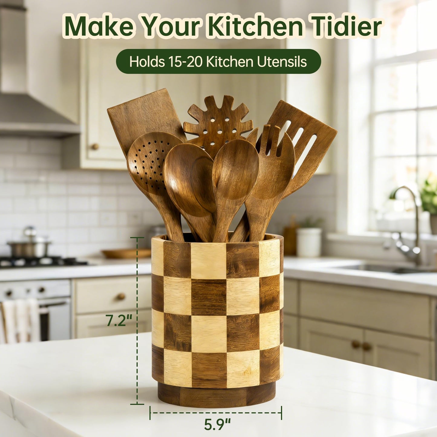 Fyctio Wooden Utensil Holder, 360° Rotating Acacia Wood Kitchen Utensil Holder for Countertop, 7.2" Non-Slip Large Utensil Holder for Kitchen, Farmhouse Countertop Decor, Spatula Holders, Checkered