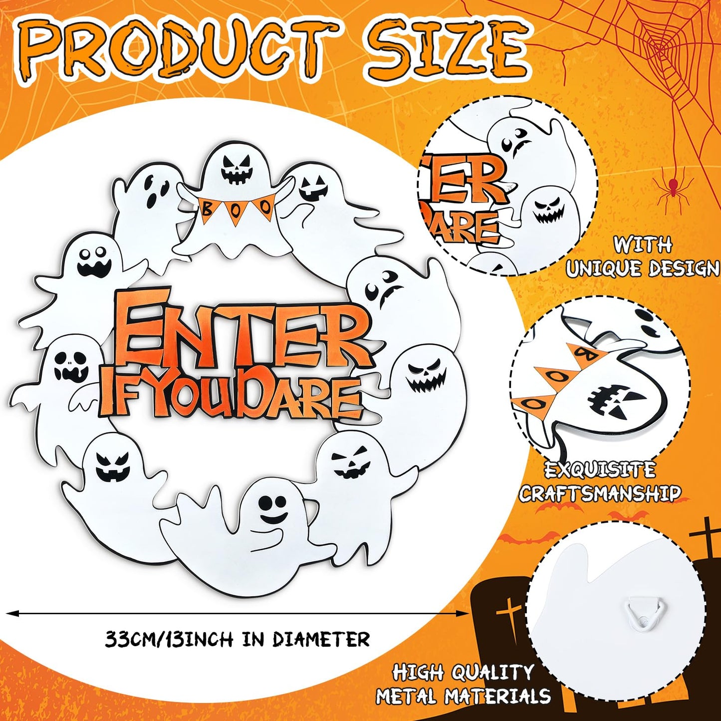 MorningRo Metal Ghost Wreaths for Front Door Halloween Hanging Wreaths Halloween Boo Enter If You Dare Hanging Welcome Sign for Porch Wall Home Outdoor, 13 Inch