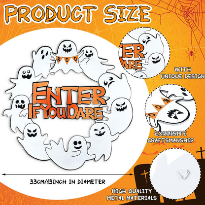MorningRo Metal Ghost Wreaths for Front Door Halloween Hanging Wreaths Halloween Boo Enter If You Dare Hanging Welcome Sign for Porch Wall Home Outdoor, 13 Inch