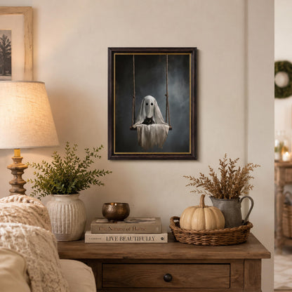 Vbaourut Framed Halloween Black Cat Wall Art, Moody Ghost on Swing Canvas Painting, Spooky Feline Poster with Dark Brown Frame and Upgraded Hook and Loop for bedroom，Study, 9x11 in