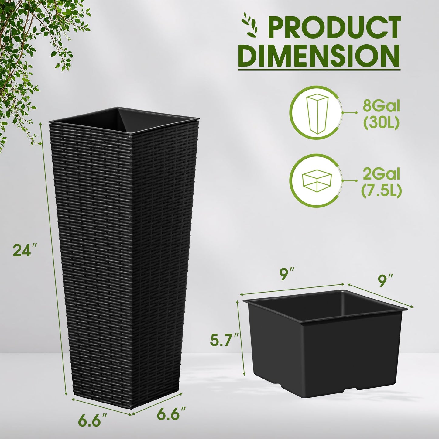 Devoko Resin Tall Planters for Outdoor Plants Set of 2, Large Taper Outdoor Planter Pots with 4 Drainage Holes, Flower Pots Modern Decor for Porch, Patio, Backyard, Home Garden (Black, 24")