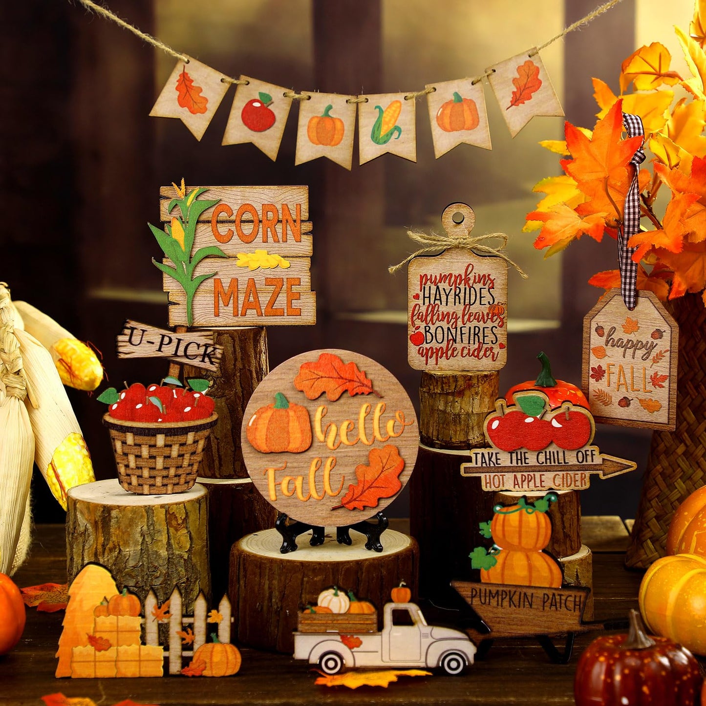 BBTO Set of 15 Fall Tiered Tray Decor Pumpkins Farmhouse Decor Autumn Maple Leaf Thanksgiving Table Centerpieces Harvest Wood Blocks Signs for Home(Harvest Style)
