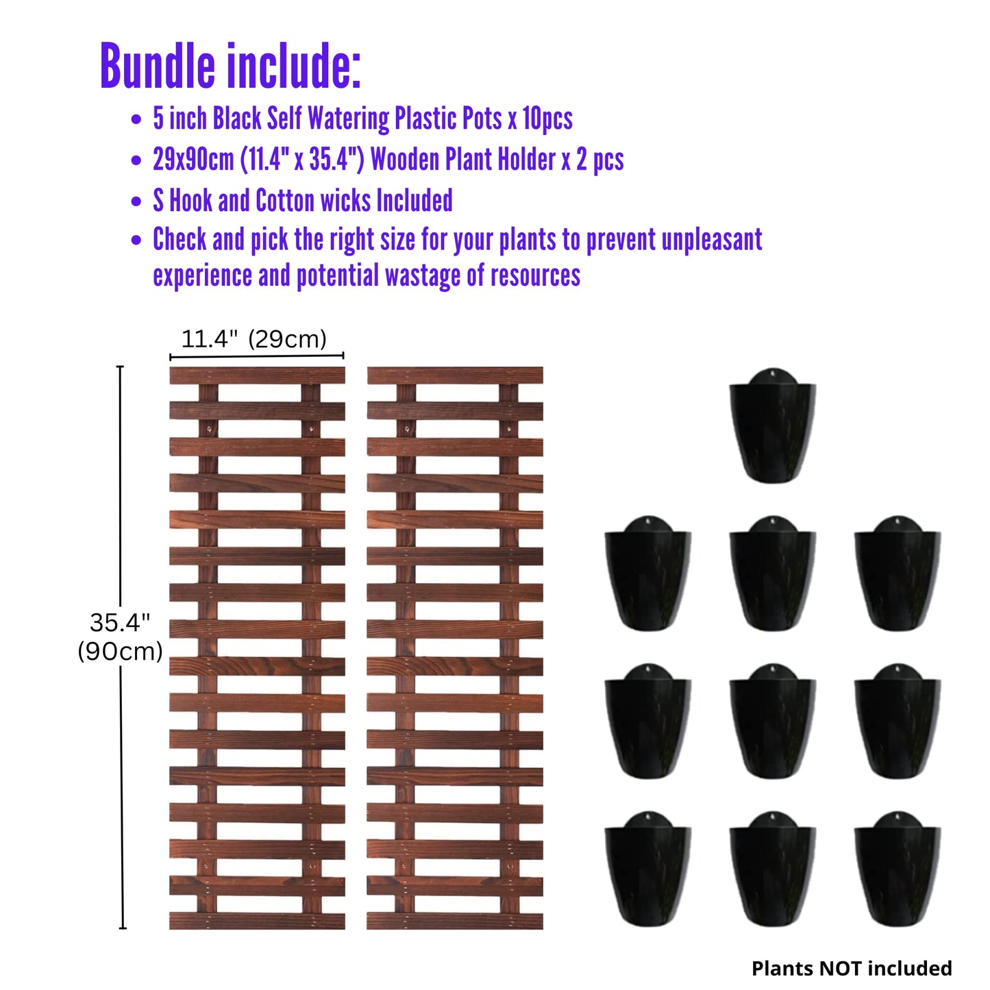 LalaGreen Bundle - 5" Pot + 35.4" Wooden Plant Holder, Black Self Watering Pot, Wooden Hanging Planters for Indoor Plants, Wall Mounted Plant Stand Ladder Outdoor Vertical Garden, Wall Hanging Pots