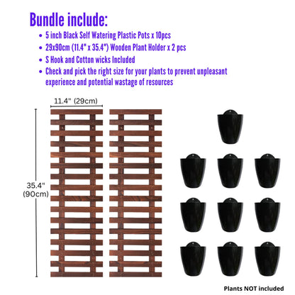 LalaGreen Bundle - 5" Pot + 35.4" Wooden Plant Holder, Black Self Watering Pot, Wooden Hanging Planters for Indoor Plants, Wall Mounted Plant Stand Ladder Outdoor Vertical Garden, Wall Hanging Pots