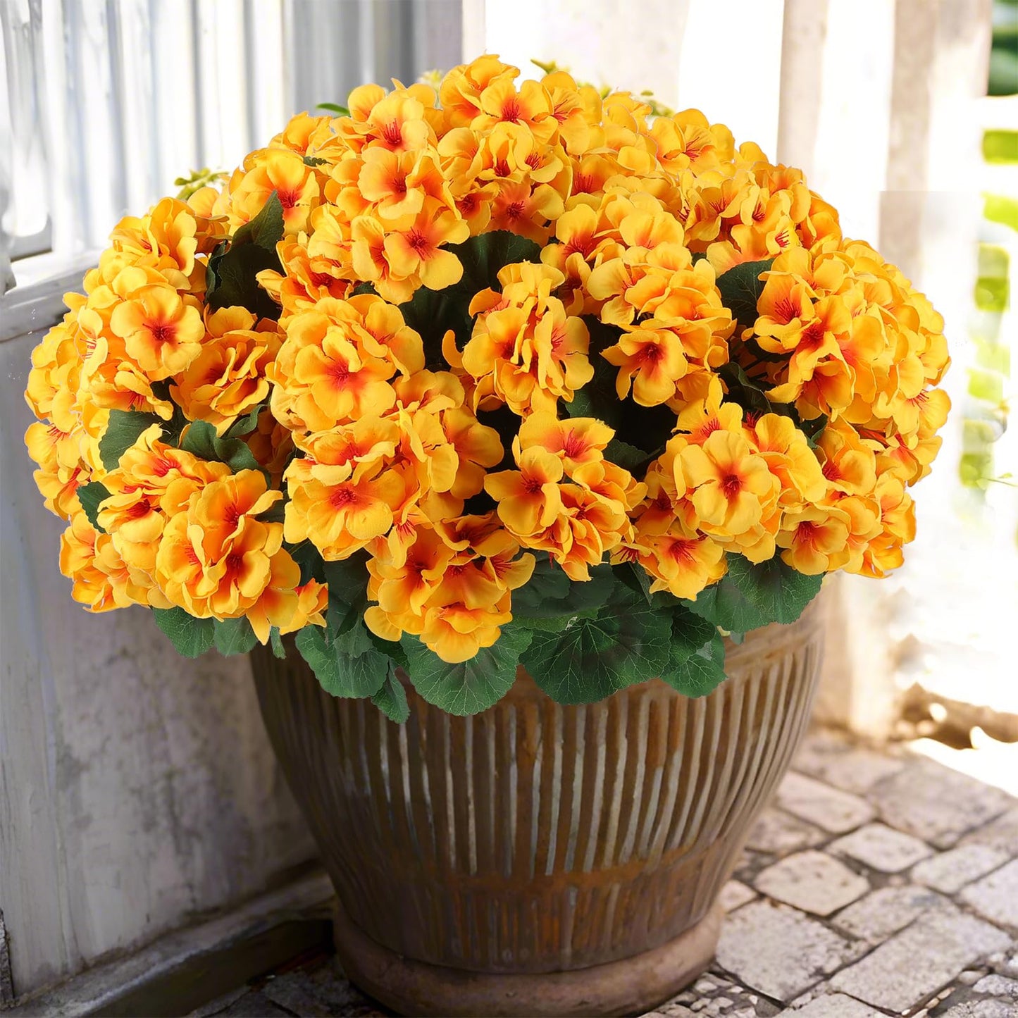 Hananona Artificial Geranium Flowers for Outdoors Geranium Silk Flowers Outdoor UV Resistant Garden Plants Faux Flowers for Home Kitchen Table Centerpieces Decor (6, Yellow)