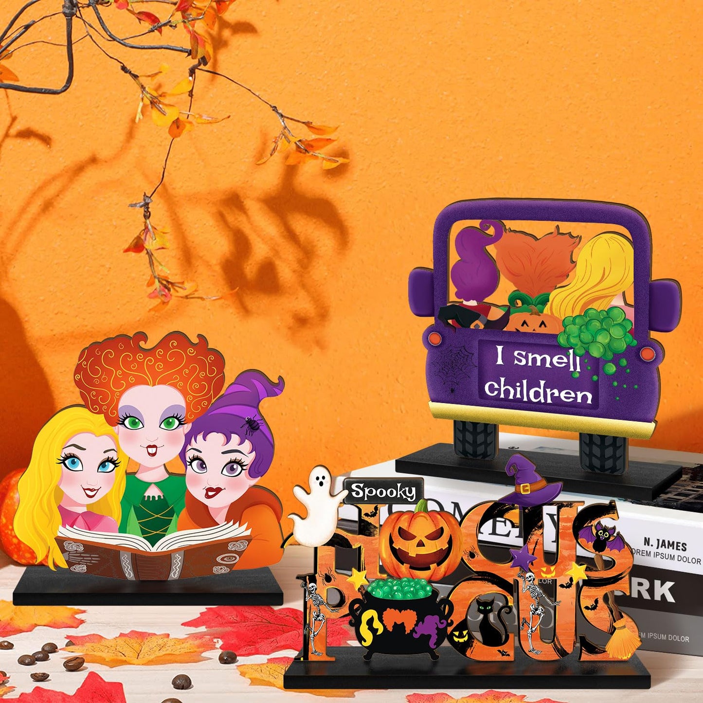 3 Pieces Hocus Pocus Halloween Table Sign Decorations, Halloween Witch Sisters Wooden Centerpiece Table Signs Truck I Smell Children for Kitchen Home Halloween Party Supplies