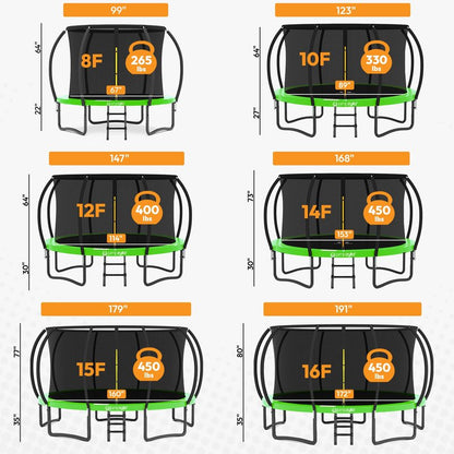 JUMPZYLLA Trampoline Outdoor 8FT 10FT 12FT 14FT 15FT 16FT with Enclosure and Ladder, ASTM Approved Recreational Trampoline for Kids and Adults, Anti-Rust Coated Frame (Green, 16FT)