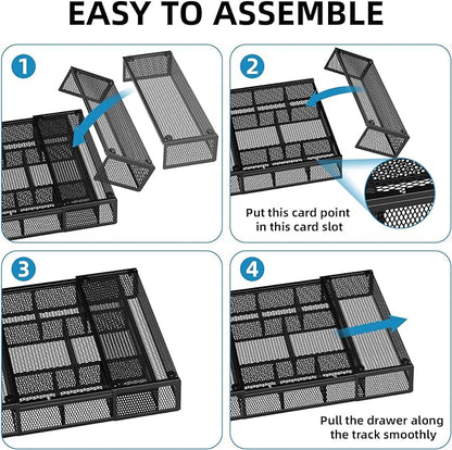 Marbrasse Expandable Desk Drawer Organizer, Mesh Drawer Organizer Tray with 10 Adjustable Compartments, Desk Organizers and Accessories for Office Supplies, Makeup & Vanity (Expandable Black-2 pack)
