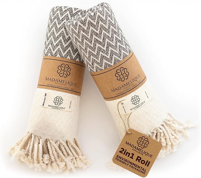 Madamelique Exclusive Hand Towels Set of 2-18 x 40 Inches - Decorative Bathroom Peshtemal Towel for Hand, Face, Hair, Yoga, Tea, Dishcloth, Kitchen and Bath - 100% Pure Cotton (Vintage Beige)