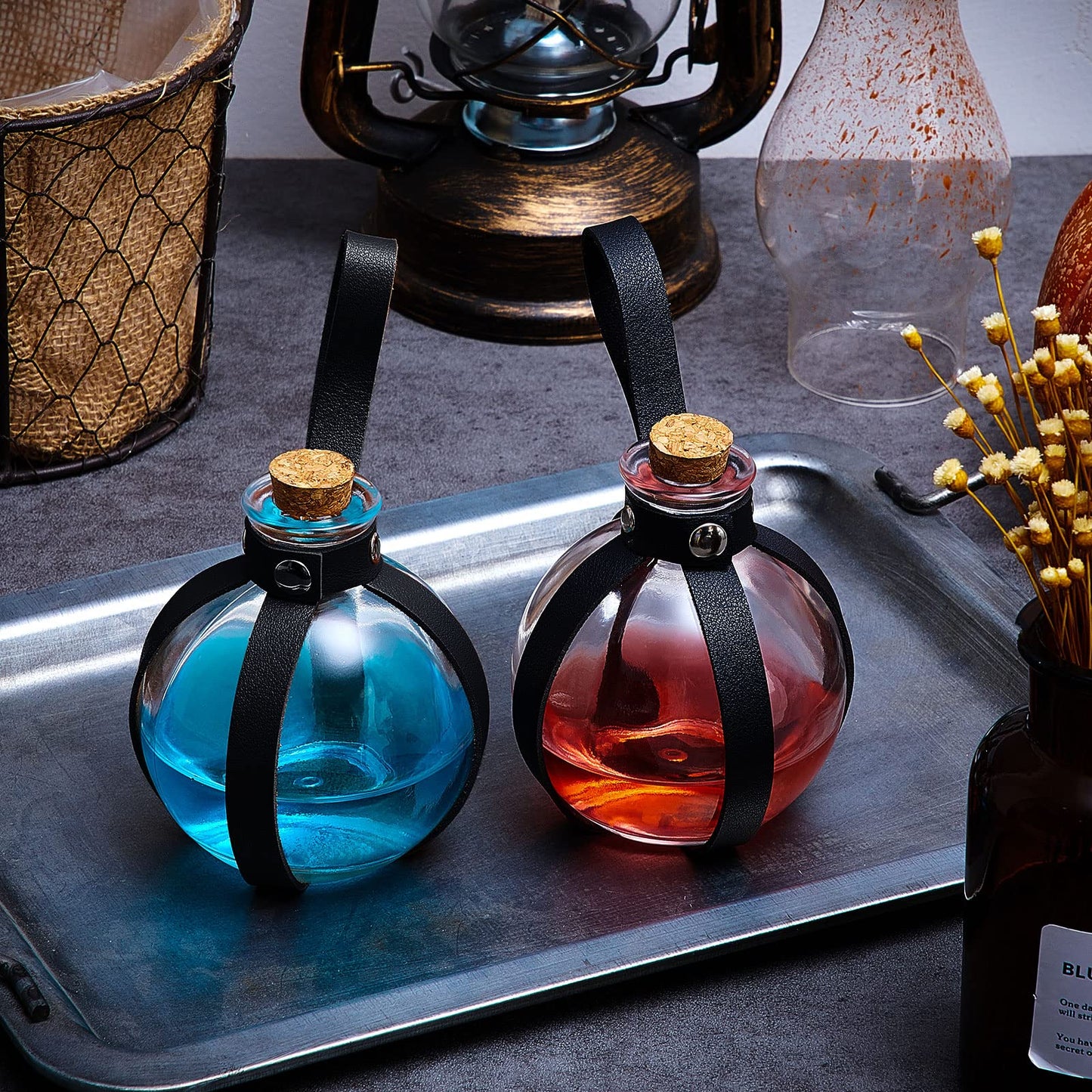Patelai 6 Pcs Halloween Glass Potion Bottles with Belt Cork Renaissance Witch Costume Accessories Witch Props Potion Bottle for Halloween Party Decor Cosplay DIY Crafts Gift (Black)