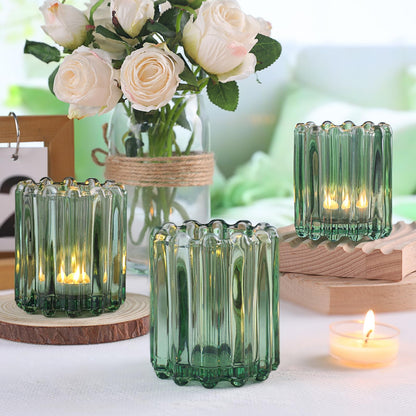 HAVITI 6 Pcs Votive Candle Holder, Green Glass Candle Holders, Tealight Candle Holder for Wedding Centerpieces Dinner Party Table Decor
