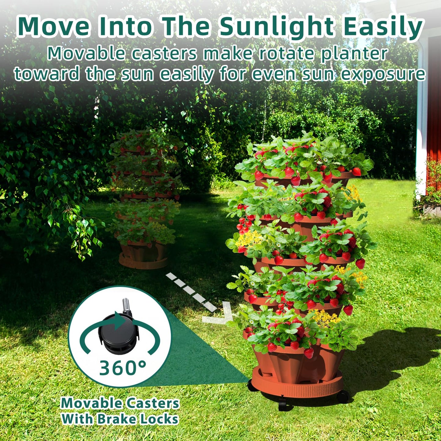 Tectsia Strawberry Vertical Planter, 5 Tiered Stacking Garden Tower, Stackable Herb Vegetable Planters with Support Pole Indoor and Outdoor - Terra Cotta