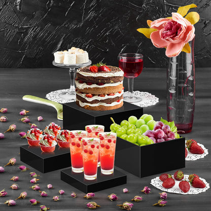 Buffet Risers Set of 8 Acrylic Cube Display Stands Box Risers with Hollow Bottoms 4 Different Size Dessert Table Display Set Food Nesting Risers for Buffet Table, Cupcake Candy Food, Parties, Brunch, Weddings (8 PCS Black Cube)