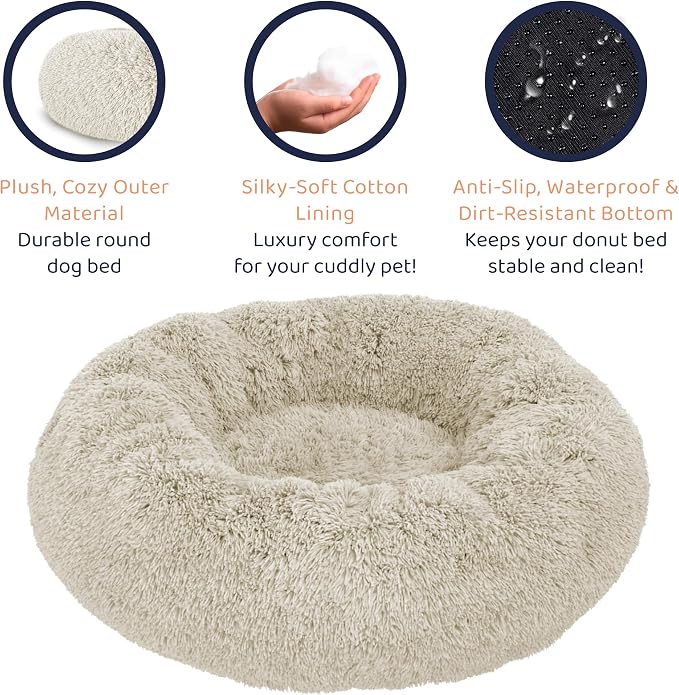 Donut Dog Bed - Premium Comfort for Anxiety Relief - Fluffy & Calming Design with Ultra-Plush Support | Cozy Round Dog Bed with Super Soft Circle Style (Cream, Medium)