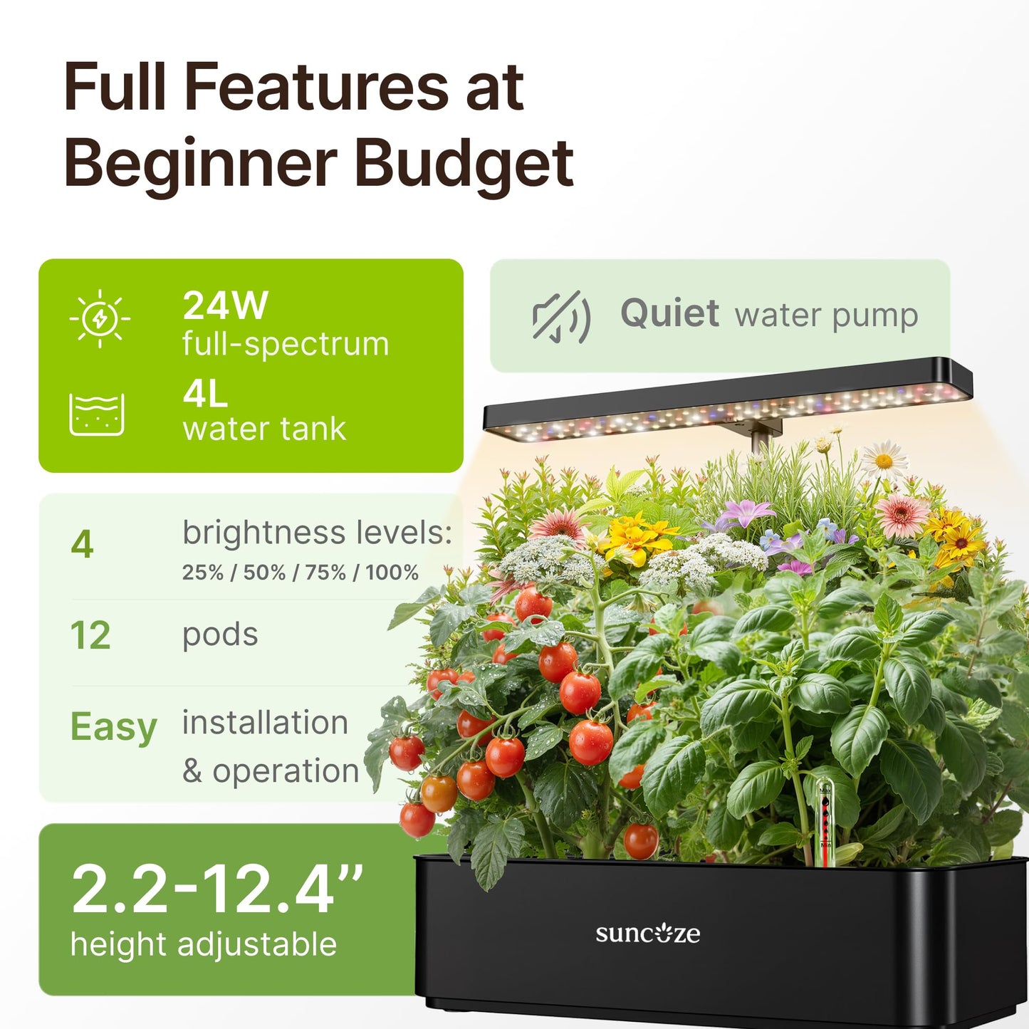 SUNCOZE Hydroponics Growing System Kit 12 Pods, 24W LED Grow Light Indoor Garden, 4L Water Tank with Quiet Pump, Adjustable Height Herb Garden Planter Indoor Kit, Gardening Gifts, Black