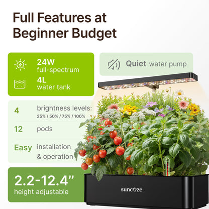 SUNCOZE Hydroponics Growing System Kit 12 Pods, 24W LED Grow Light Indoor Garden, 4L Water Tank with Quiet Pump, Adjustable Height Herb Garden Planter Indoor Kit, Gardening Gifts, Black
