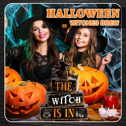 4 Pcs Halloween Table Decor Witch Black Cat Wooden Sign Halloween Tiered Tray Decor Farmhouse Witch Tabletop Centerpiece Rustic Brew Wooden Block Signs for Home Office Kitchen Shelf