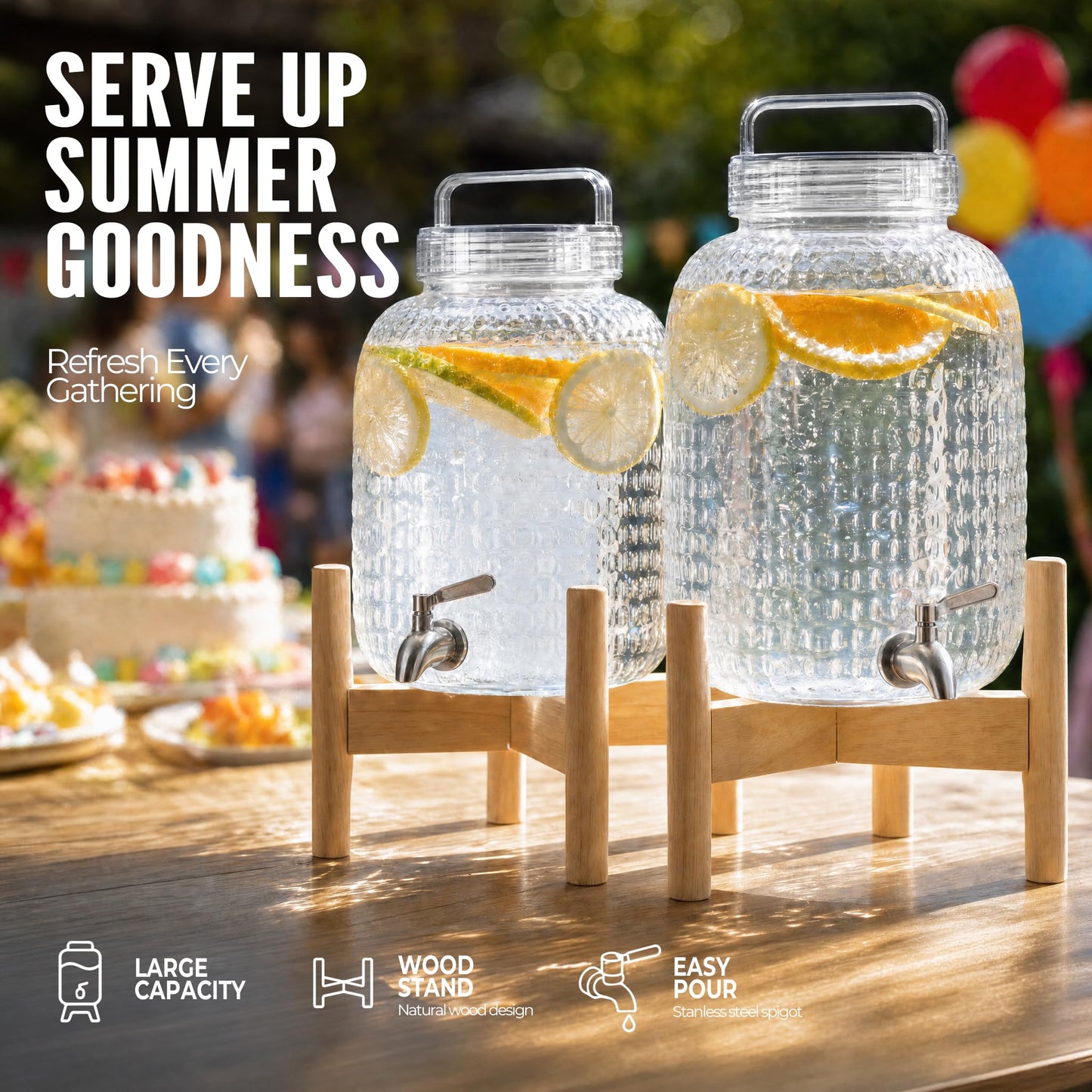 EGGKITPO 2 Pack 1.5 Gallon Drink Dispensers for Parties Hosting Wedding Beverage Dispenser with Wood Stand and Spigot, BPA-Free Polycarbonate Lemonade Container for Halloween Home Buffet Iced Tea