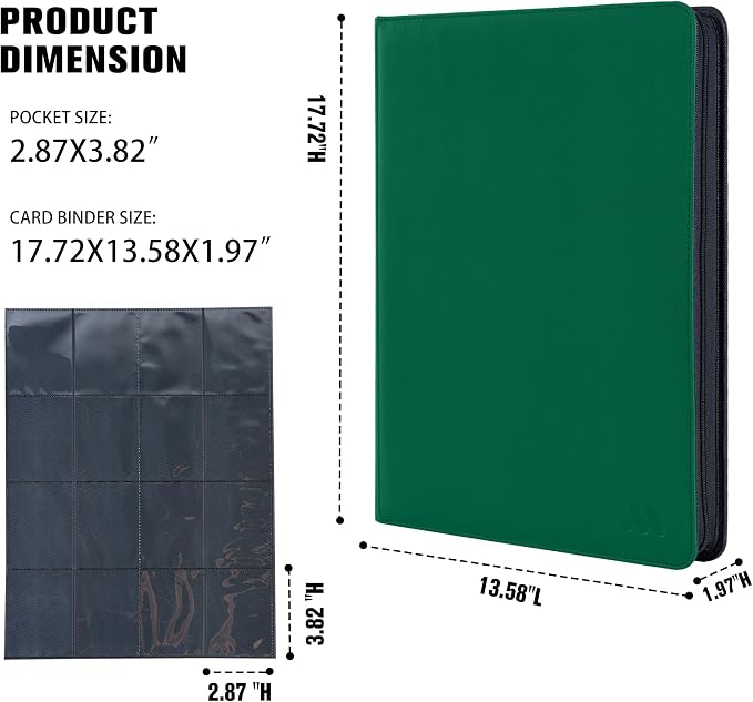 Card Binder 16 Pocket,Trading Card Binder Hold up to 1408 Cards with 44 Sleeves,Zipper Card Holder Album Compatible with TCG Card/Game Cards/Sports Card-Green