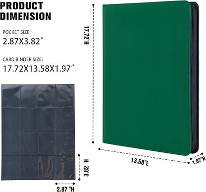 Card Binder 16 Pocket,Trading Card Binder Hold up to 1408 Cards with 44 Sleeves,Zipper Card Holder Album Compatible with TCG Card/Game Cards/Sports Card-Green